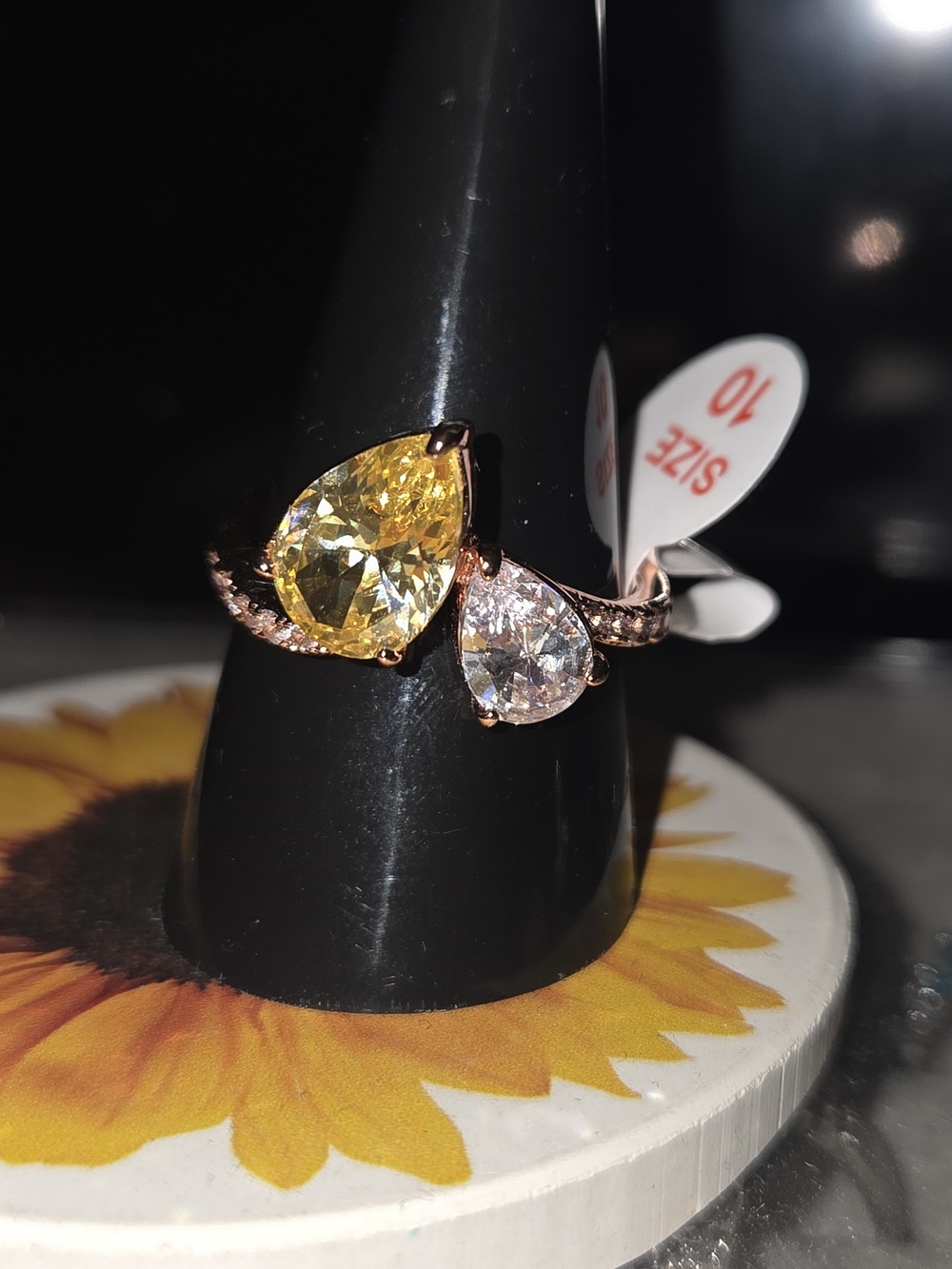 Dual Teardrop Crystal Ring in Yellow and Clear on Rose Gold Band